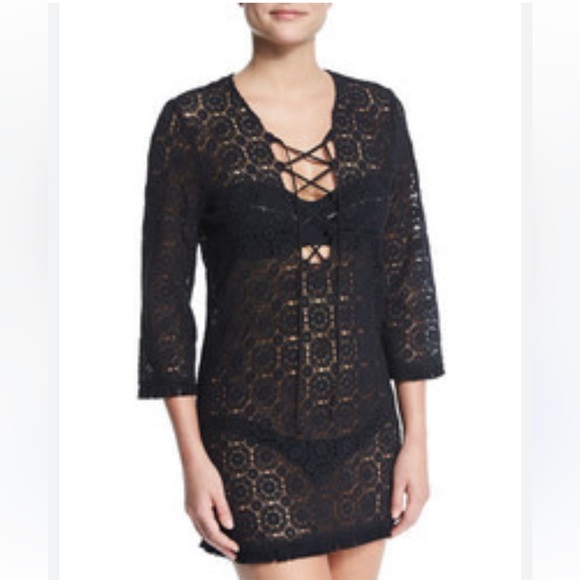 Miguelina Serena Black Crocheted Lace Coverup Dress | M - Picture 1 of 6